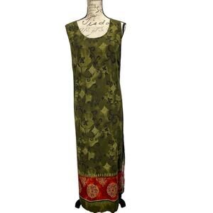 Vintage 90s Michael Taylor Green Tapestry Maxi Sheath Dress - Side Slit - Large